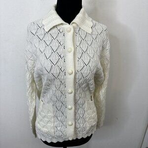 Vintage Woodwards Woman L Acrylic 70s Cardigan Sweater Knit White
